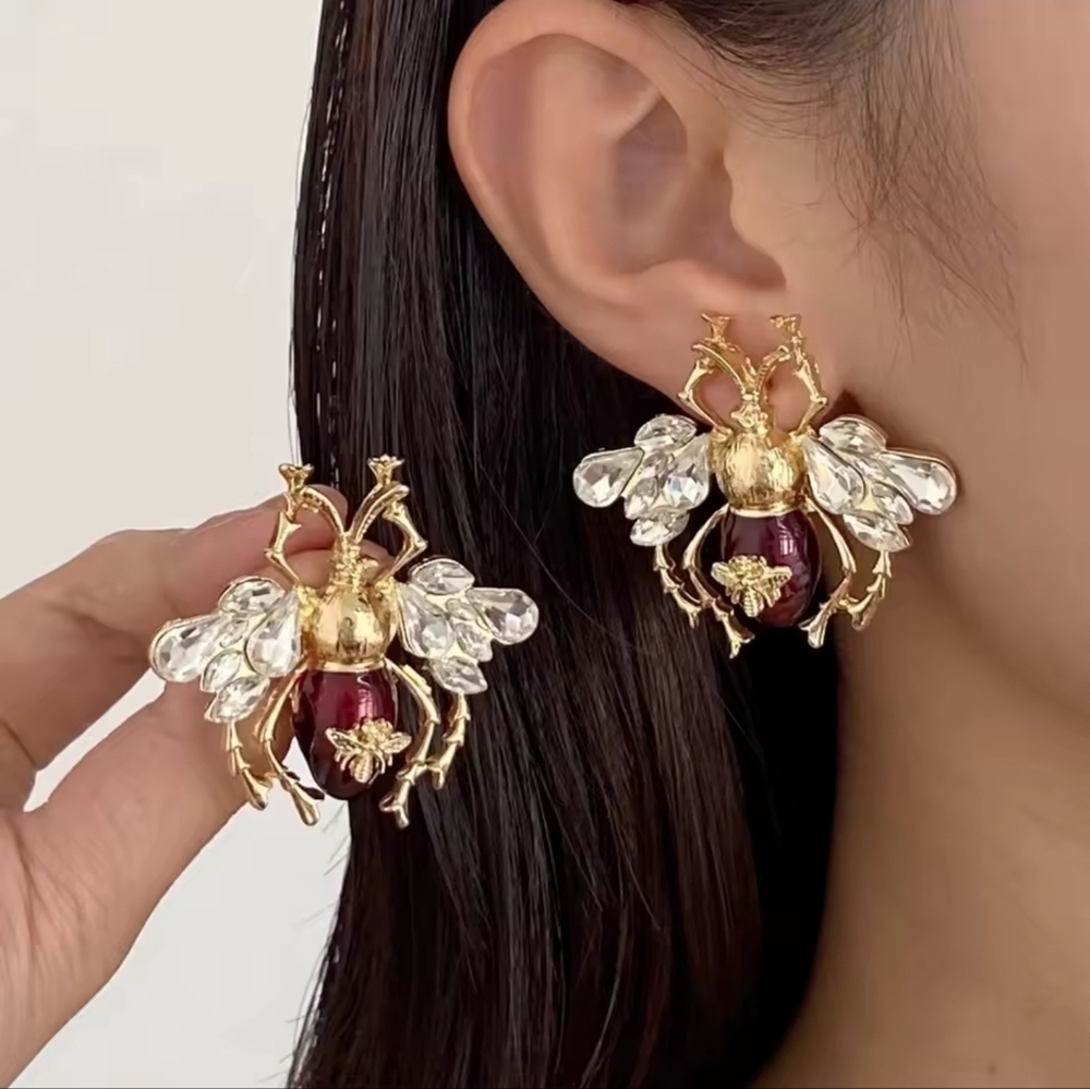 Gold and Red Crystal Bee Earrings